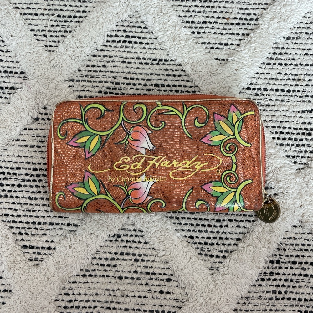 Ed Hardy Brown Wallet with Floral Design